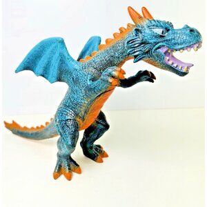 TOYS R US Dragon Rubber Toy Blue Orange 2018 Fantasy Winged Creature 11" Rare
